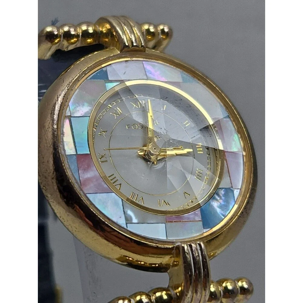 Vintage Fossil Womens Prism Mother Of Pearl Mosaic Watch Gold Tone New Battery